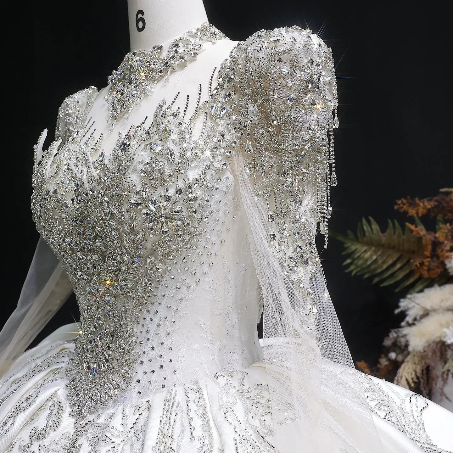 Luxury Long Sleeve Ivory Wedding Dress with Crystal Embroidered Details ZP162