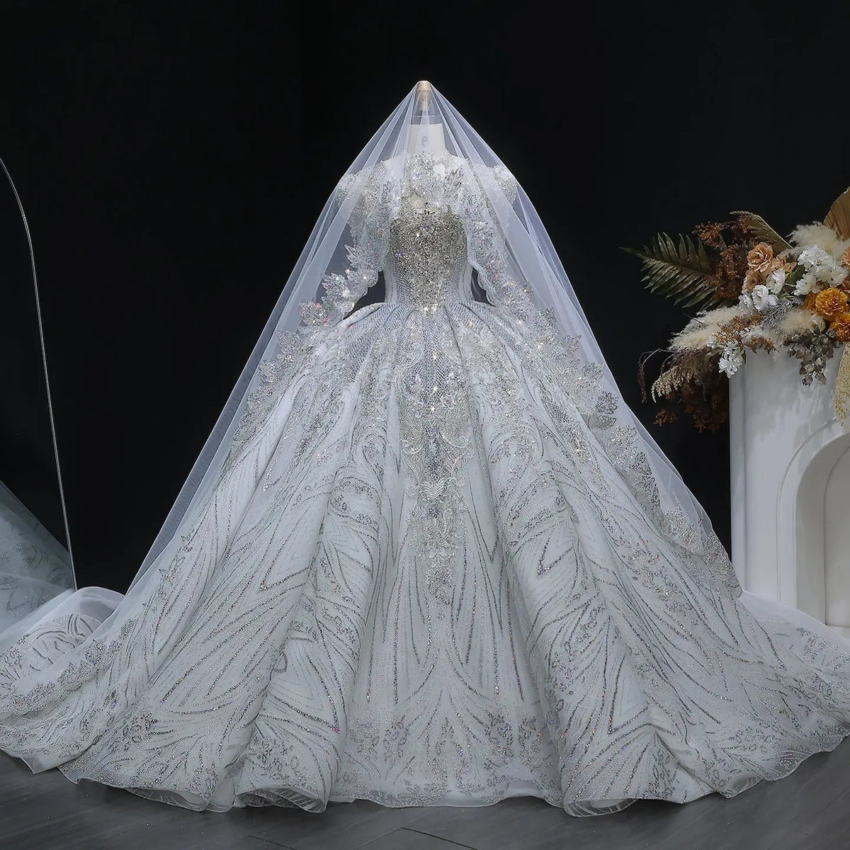 Glamorous White Diamond Embroidered Long Sleeve Wedding Dress ZP163