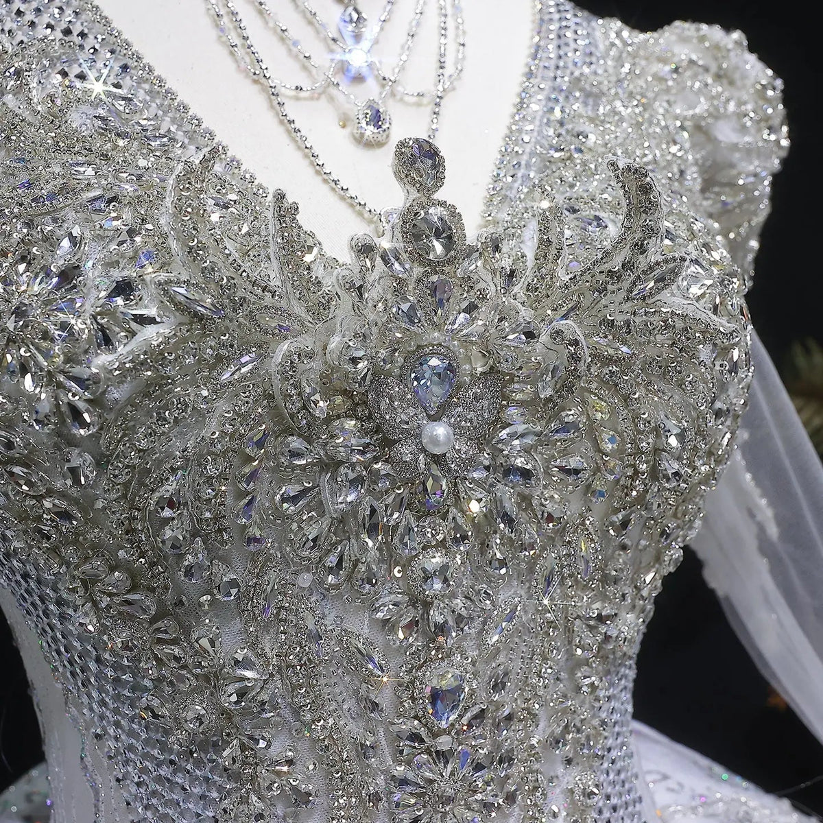 Glamorous White Diamond Embroidered Long Sleeve Wedding Dress ZP163