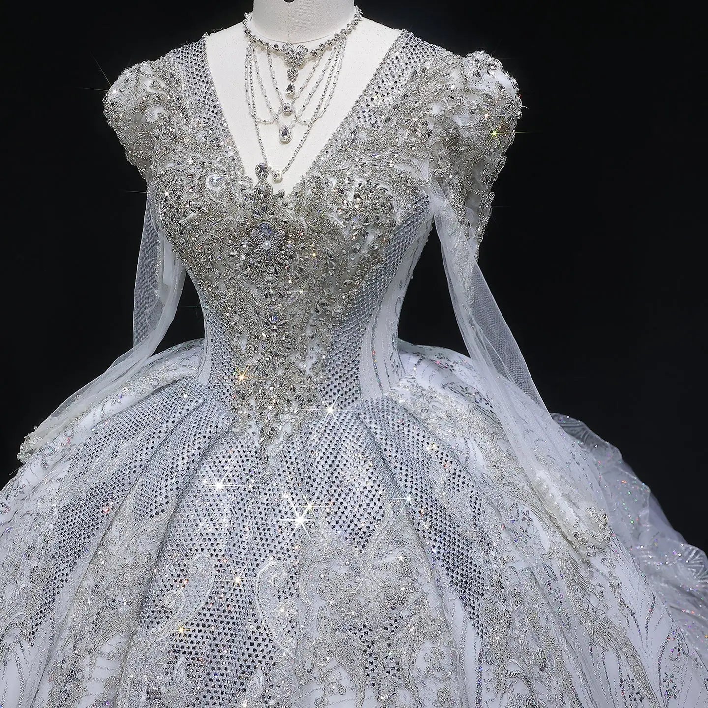 Glamorous White Diamond Embroidered Long Sleeve Wedding Dress ZP163