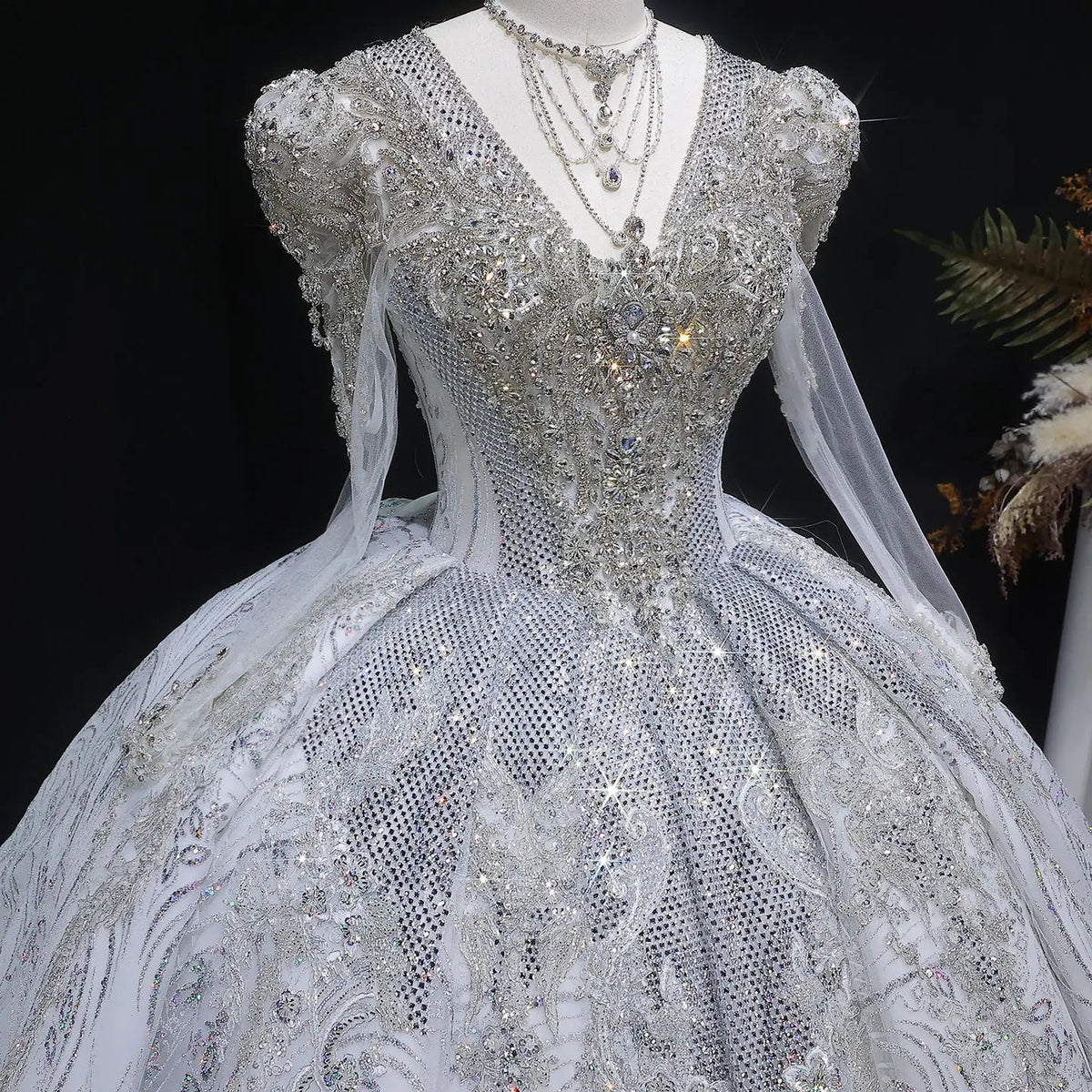 Glamorous White Diamond Embroidered Long Sleeve Wedding Dress ZP163