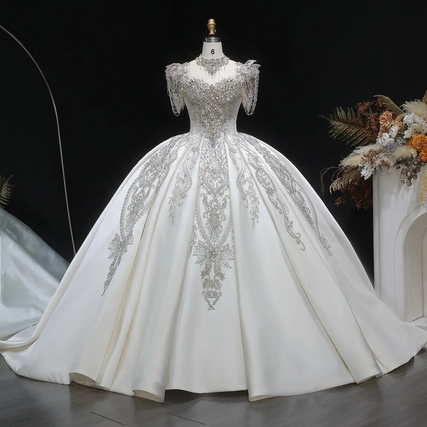 Luxury Satin Ivory Ball Gown with Silver Floral Embroidery Wedding Dress ZP165