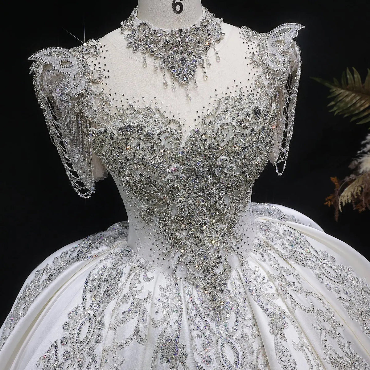 Luxury Satin Ivory Ball Gown with Silver Floral Embroidery Wedding Dress ZP165