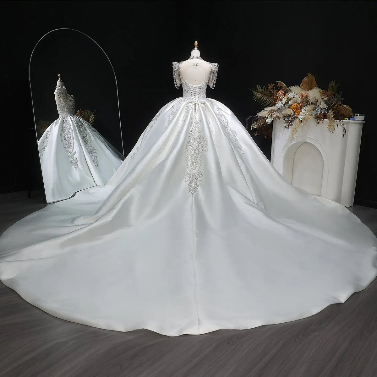 Luxury Satin Ivory Ball Gown with Silver Floral Embroidery Wedding Dress ZP165