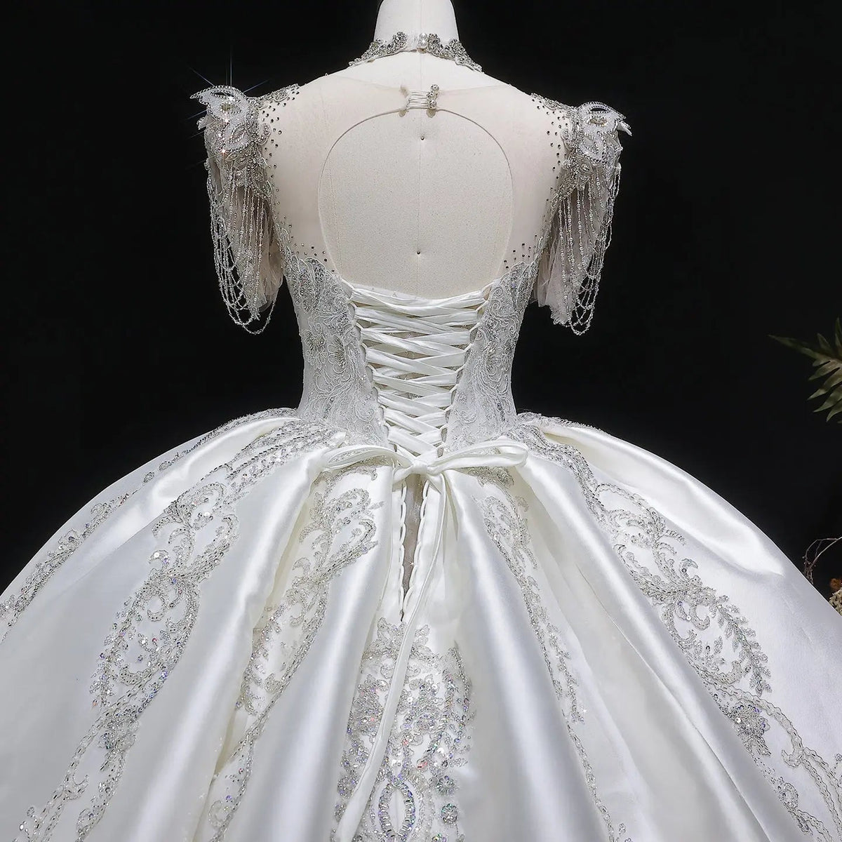 Luxury Satin Ivory Ball Gown with Silver Floral Embroidery Wedding Dress ZP165