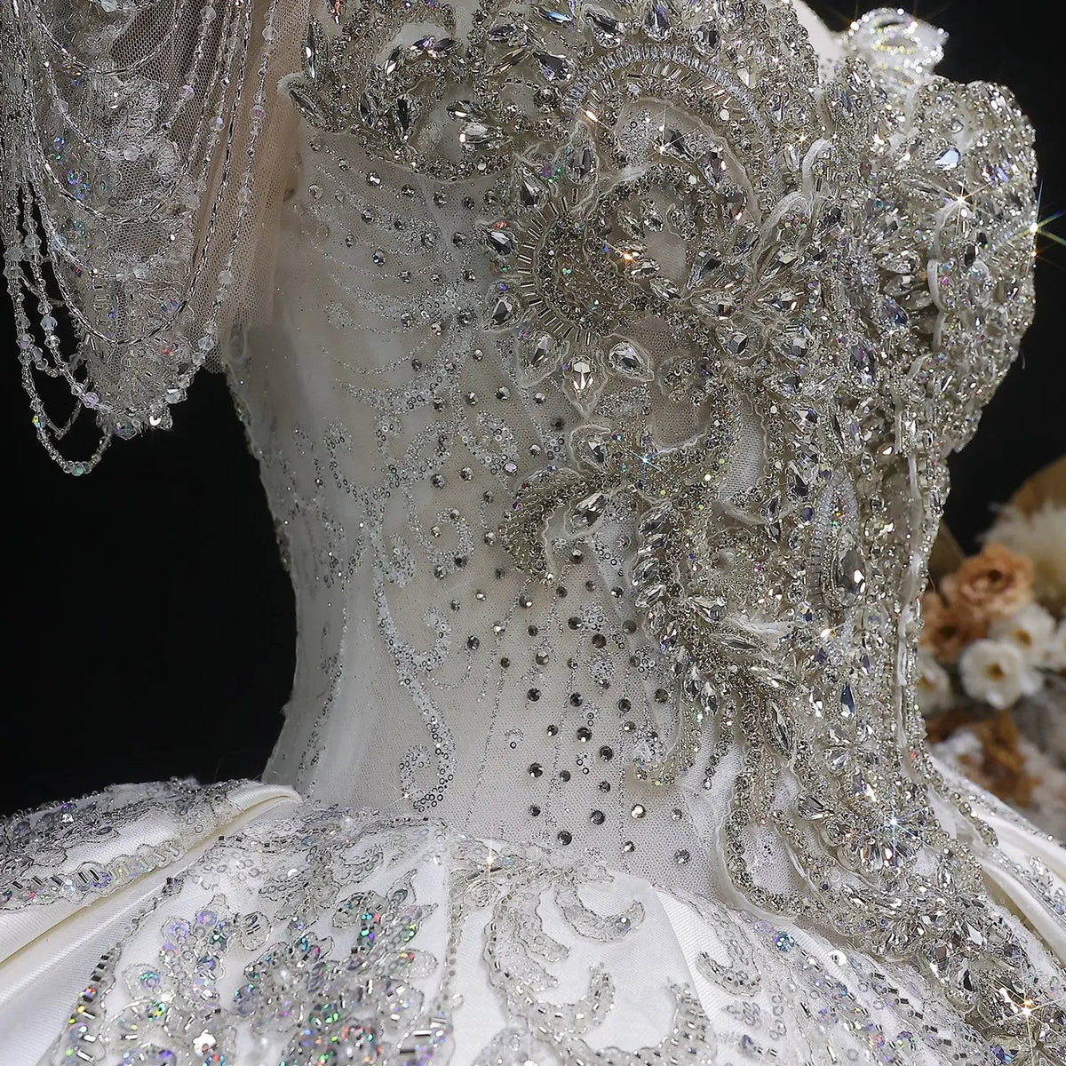 Luxury Satin Ivory Ball Gown with Silver Floral Embroidery Wedding Dress ZP165