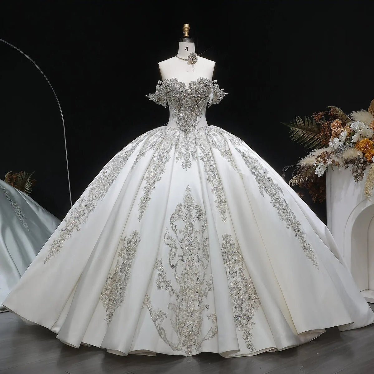 Ivory Luxury Satin Ball Gown with Silver Embroidery Wedding Dress ZP166
