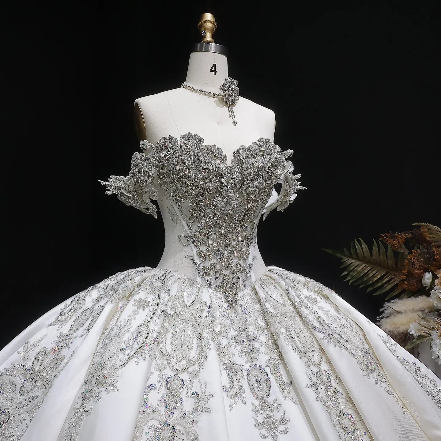 Ivory Luxury Satin Ball Gown with Silver Embroidery Wedding Dress ZP166