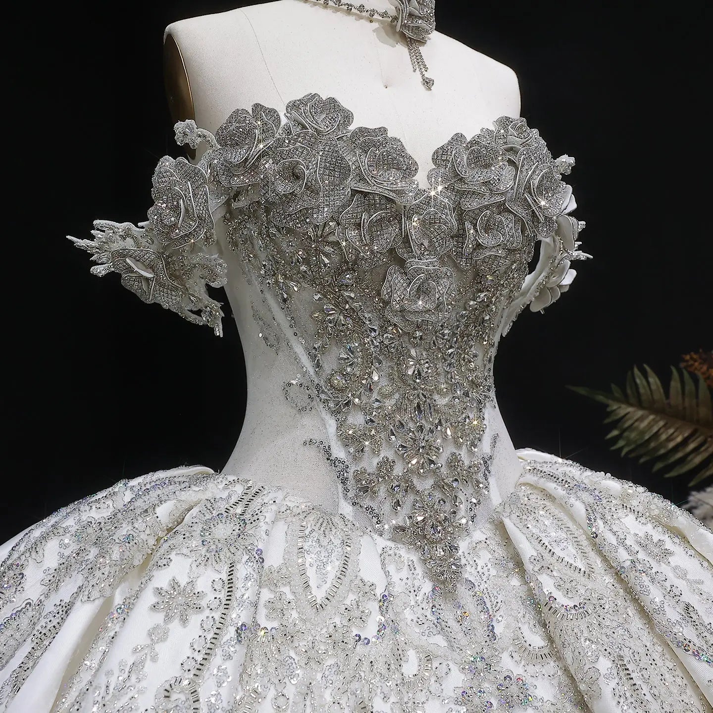 Ivory Luxury Satin Ball Gown with Silver Embroidery Wedding Dress ZP166