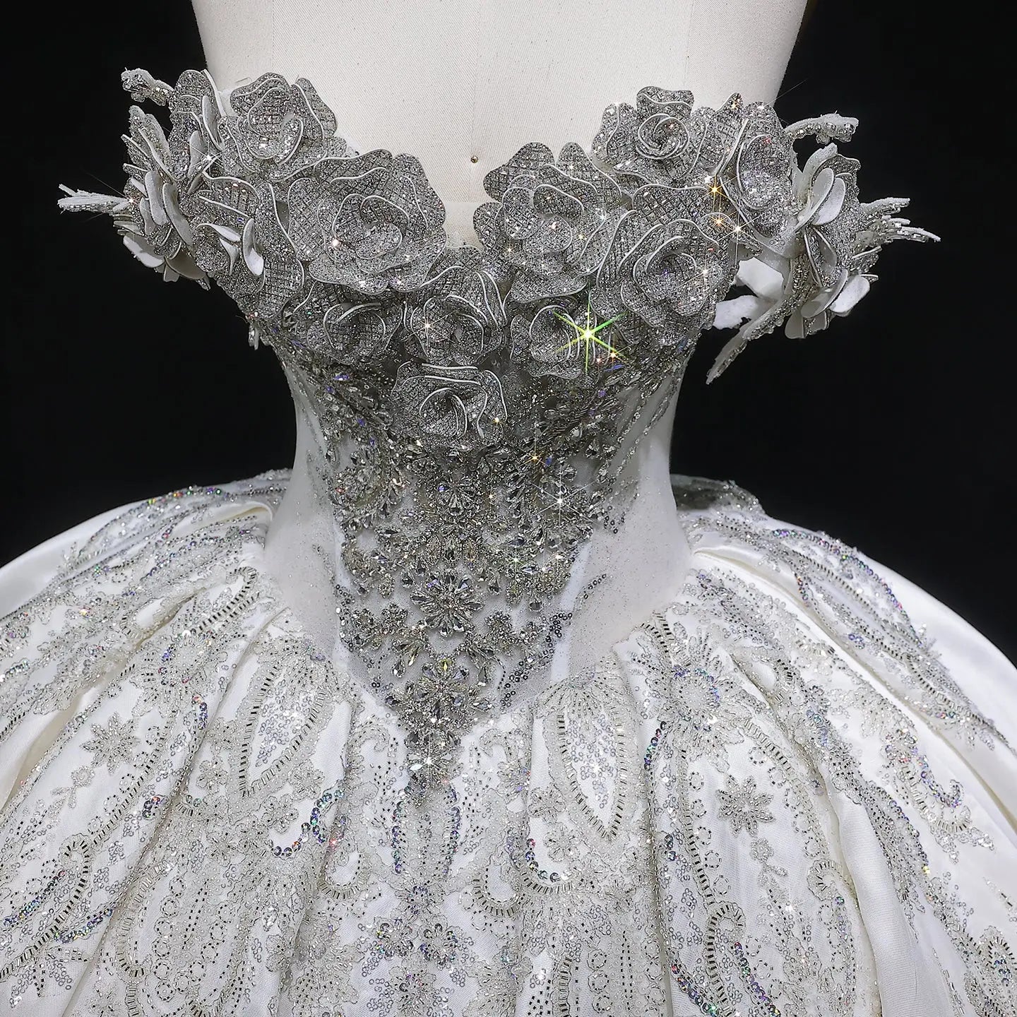 Ivory Luxury Satin Ball Gown with Silver Embroidery Wedding Dress ZP166