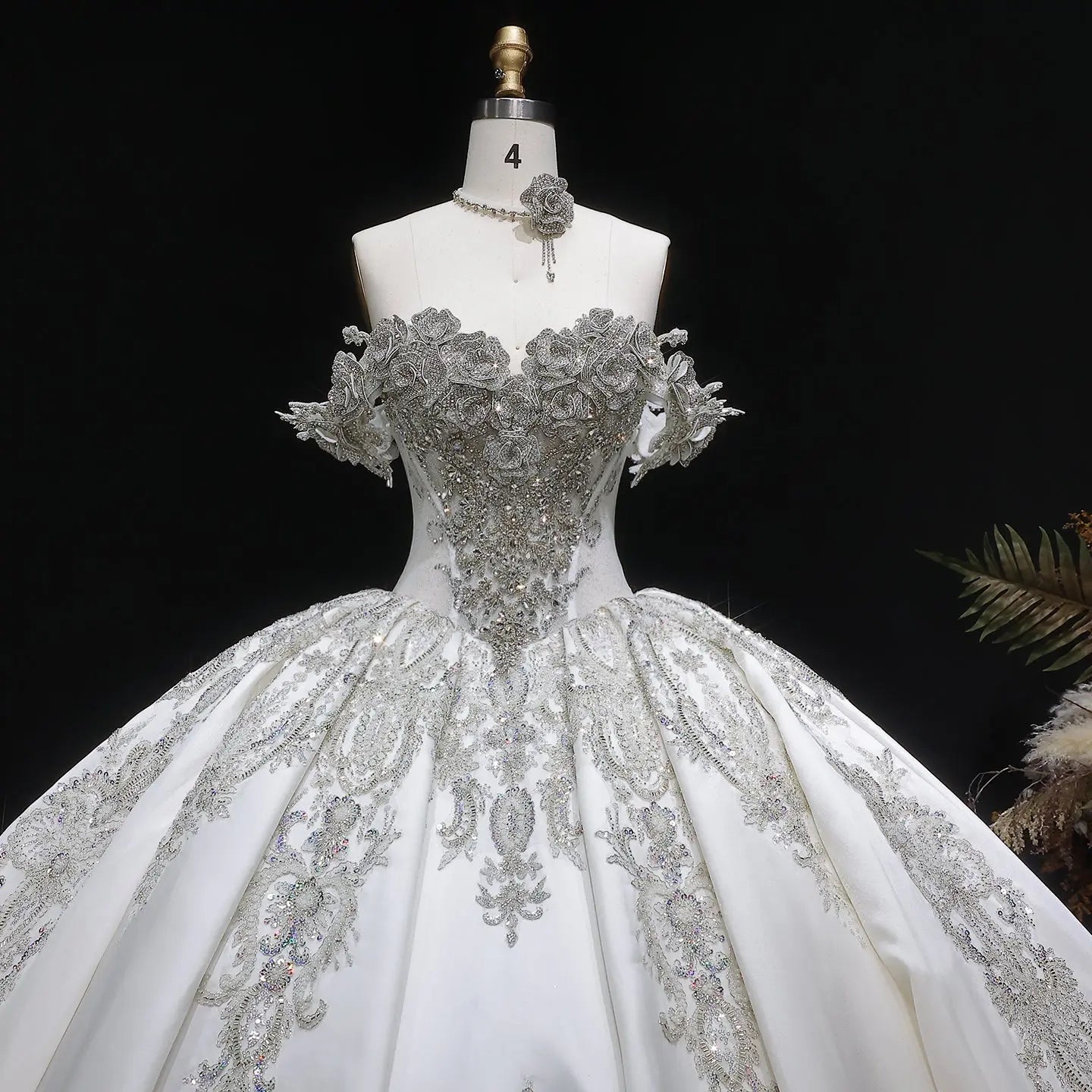 Ivory Luxury Satin Ball Gown with Silver Embroidery Wedding Dress ZP166