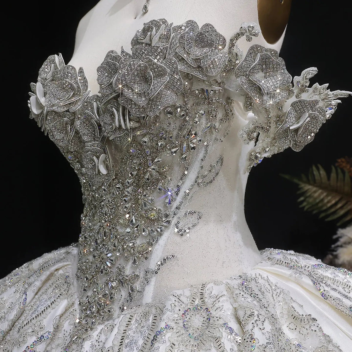 Ivory Luxury Satin Ball Gown with Silver Embroidery Wedding Dress ZP166