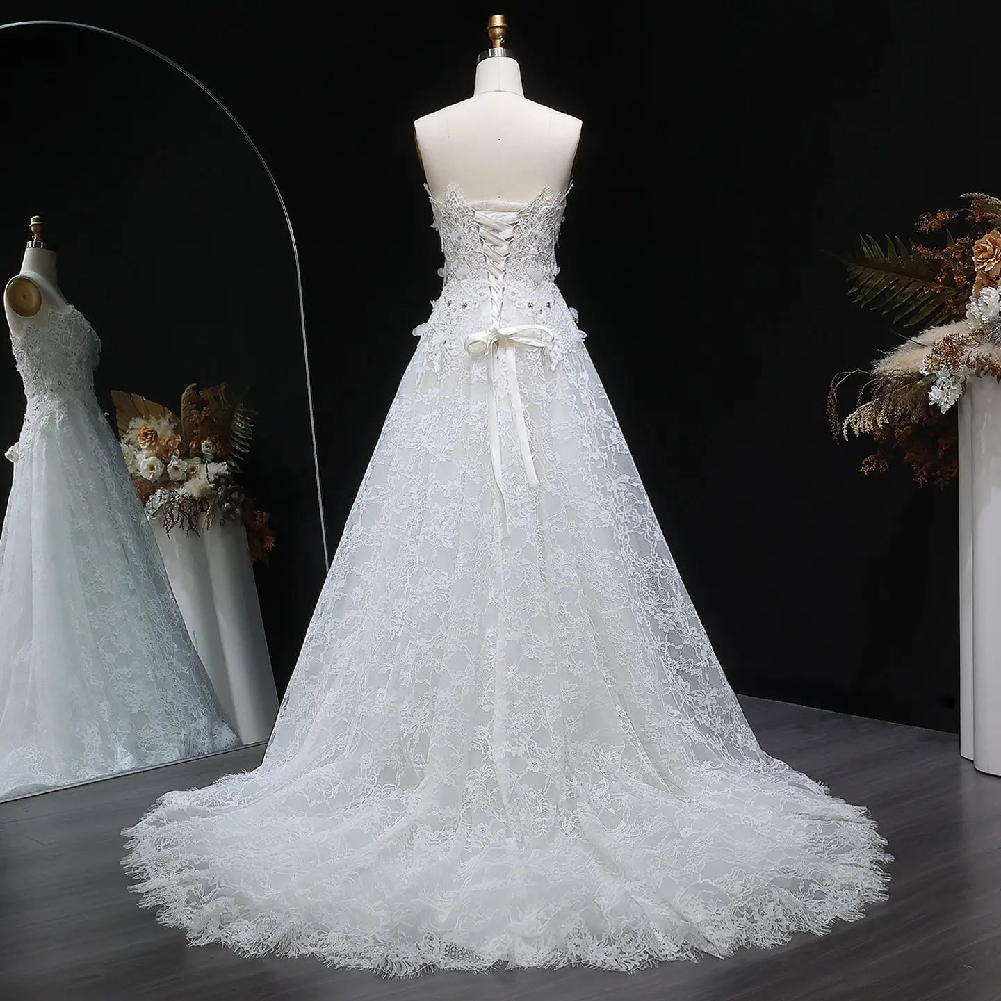 Luxury White Embroidered 3D Floral Strapless Ball Gown Wedding Dress ZP159