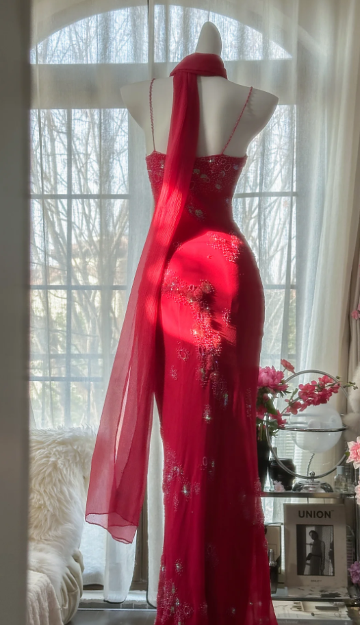 Pretty Red Spaghetti Straps Chiffon Beaded Mermaid Evening Dress Long Birthday Party Dress Prom Gown - View 9 | VelvetHem