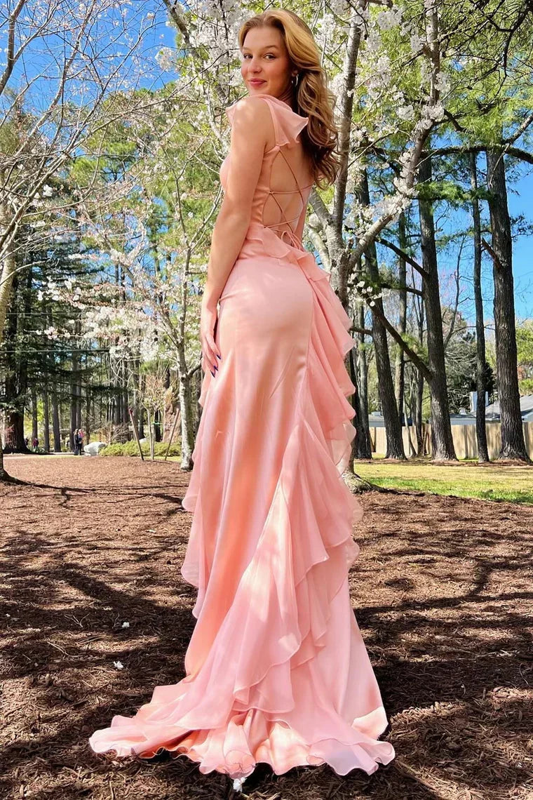 Emerald Green Square Neck Ruffle Slit Prom Dress