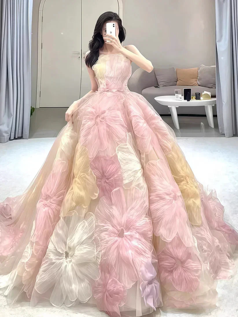 Dream Princess Floral Ball Gown, Strapless A-line Evening Prom Dress,Wedding Dress (ZD13743)