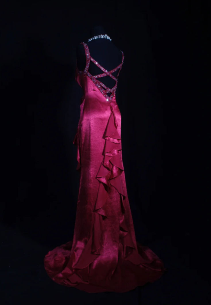 Pretty V Neck Hot Pink Satin Pleated Beaded Ruffles Mermaid Evening Dress Long Prom Dress - View 3 | VelvetHem