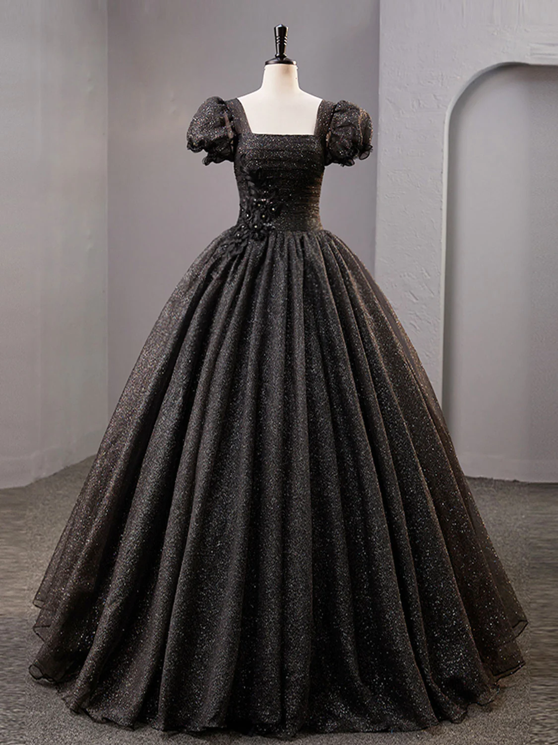 Black Square Neckline Tulle Long Prom Dress Shiny Black Evening Dresses Y4386 - VelvetHem