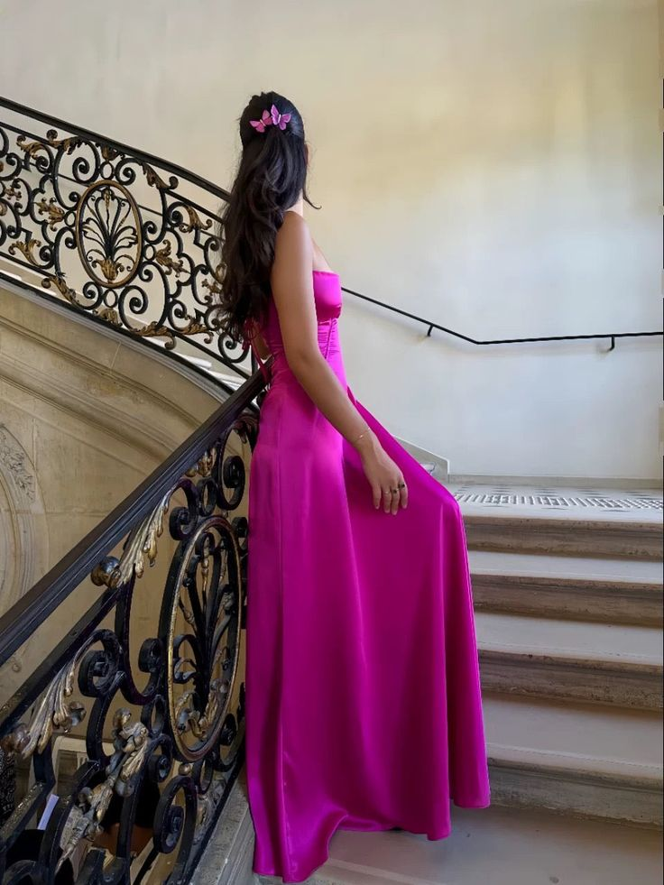 Charming Hot Pink Straps Satin A Line Long Evening Dress Party Dress