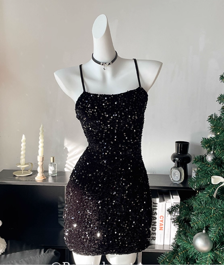 Sexy Backless Halter Sequin Cocktail Dress Black Sheath Short Party Dress Homecoming Dress
