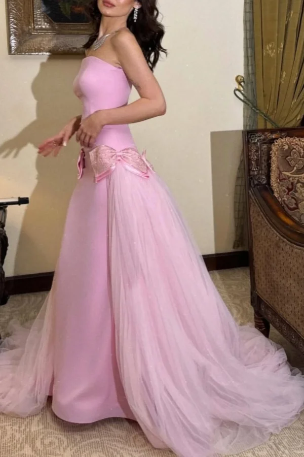 Sweet Pink Strapless Bow-Knot Long Prom Dress,Tulle Satin Evening Dress Y8053 - VelvetHem