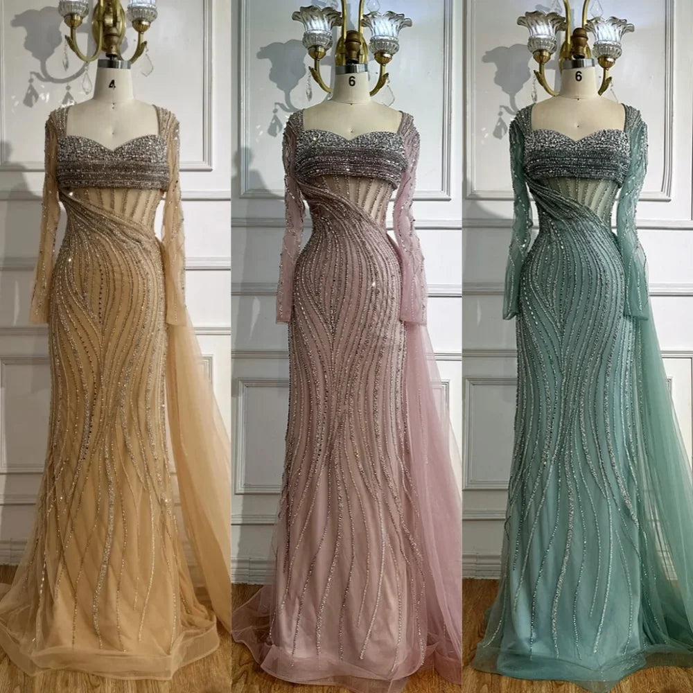 Zapdress Nude Long Sleeves Beaded Evening Dresses with Skirt 2025 Party Gowns for Formal Occasion DLA72812 Customized (ZD17214)
