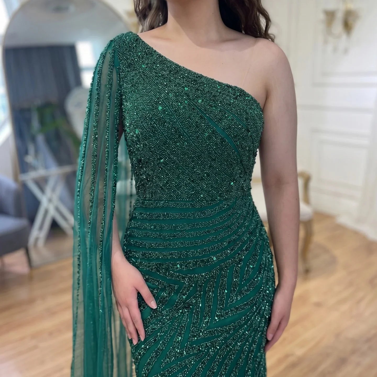 Zapdress Customized Gold Mermaid Beaded One Shoulder Cape Sleeve Evening Dresses Split Elegant Party Gowns For Women (ZD17236)