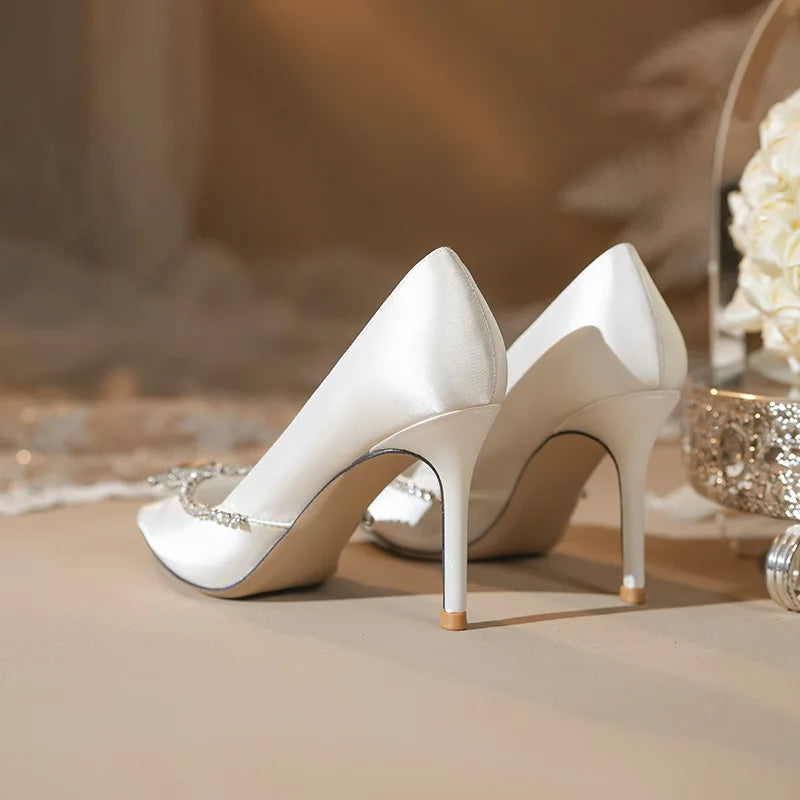 Luxury Rhinestones Satin Women Pumps Spring Summer Fashion Pointed toe Office Lady High heels Female Wedding Bridal Dress Shoes