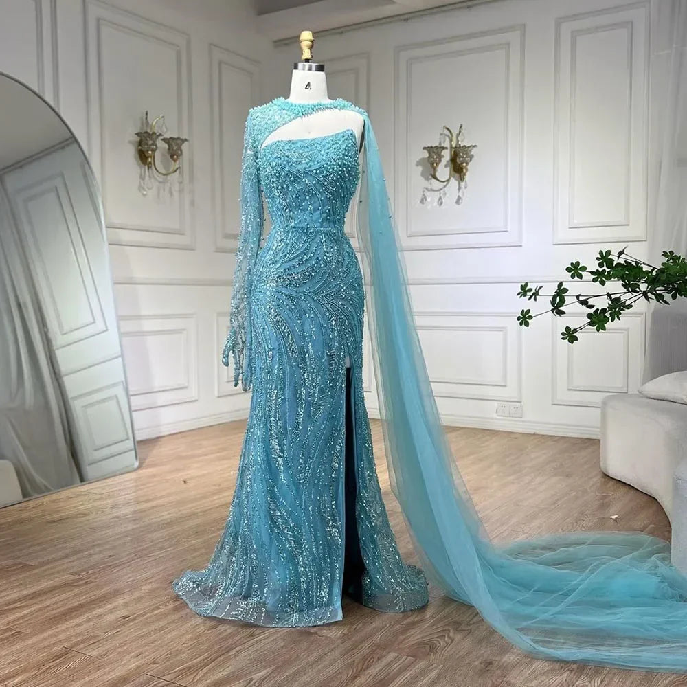 Zapdress Customized Blue Mermaid High Split Pearls Beaded Evening Dress with Glove Formal Party Gowns For Women 2026 (ZD17303)
