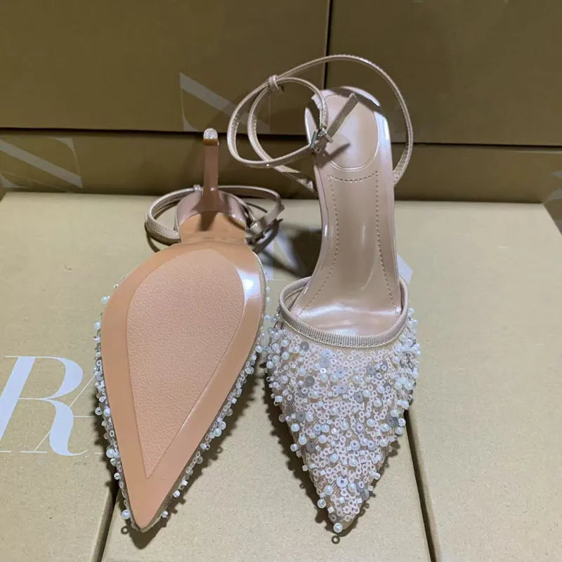 Luxury Pearls Sequined Air Mesh Women Pumps Summer Elegant Pointed toe Slingbacks Thin High heels Fashion Wedding Party Shoes - View 2 | VelvetHem