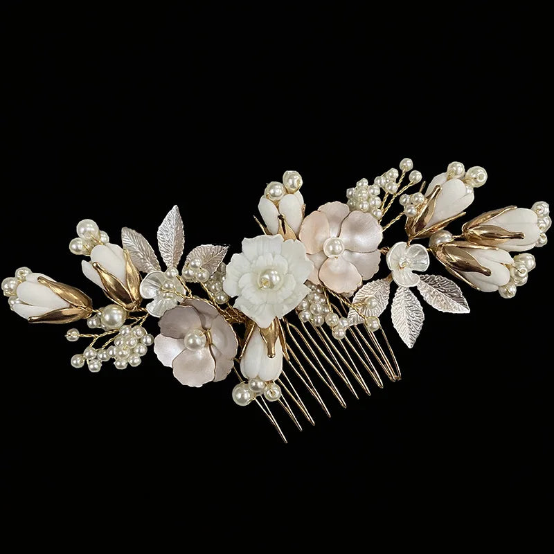Vintage Gold Color Hair Combs Pin Clip Pearl Porcelain Flower Head Pieces For Brides Hairpins Wedding Accessories Bridal Jewelry a Gold color