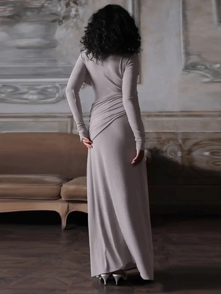 Solid Long Sleeve Irregular Splice Long Dress