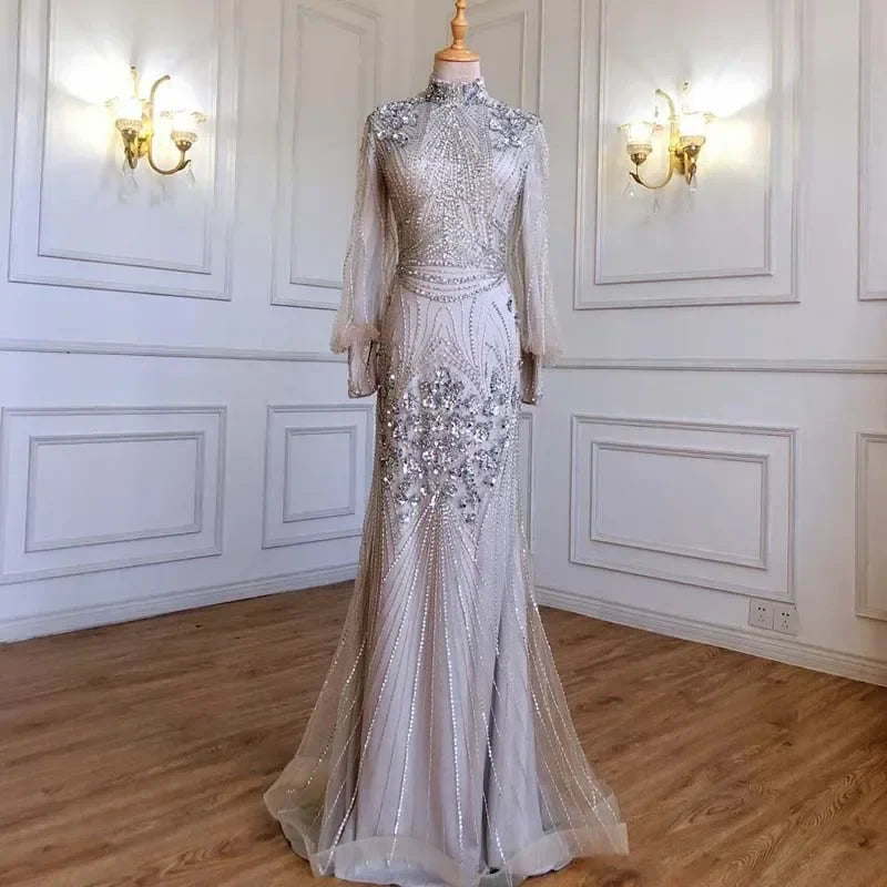 Zapdress Customized Silver Beaded Mermaid Evening Dresses 2025 Full Sleeves Elegant Party Gowns For Women (ZD17179)