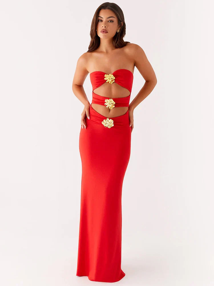 Metal Rose Hollow Out Off - shoulder Backless Long Dress