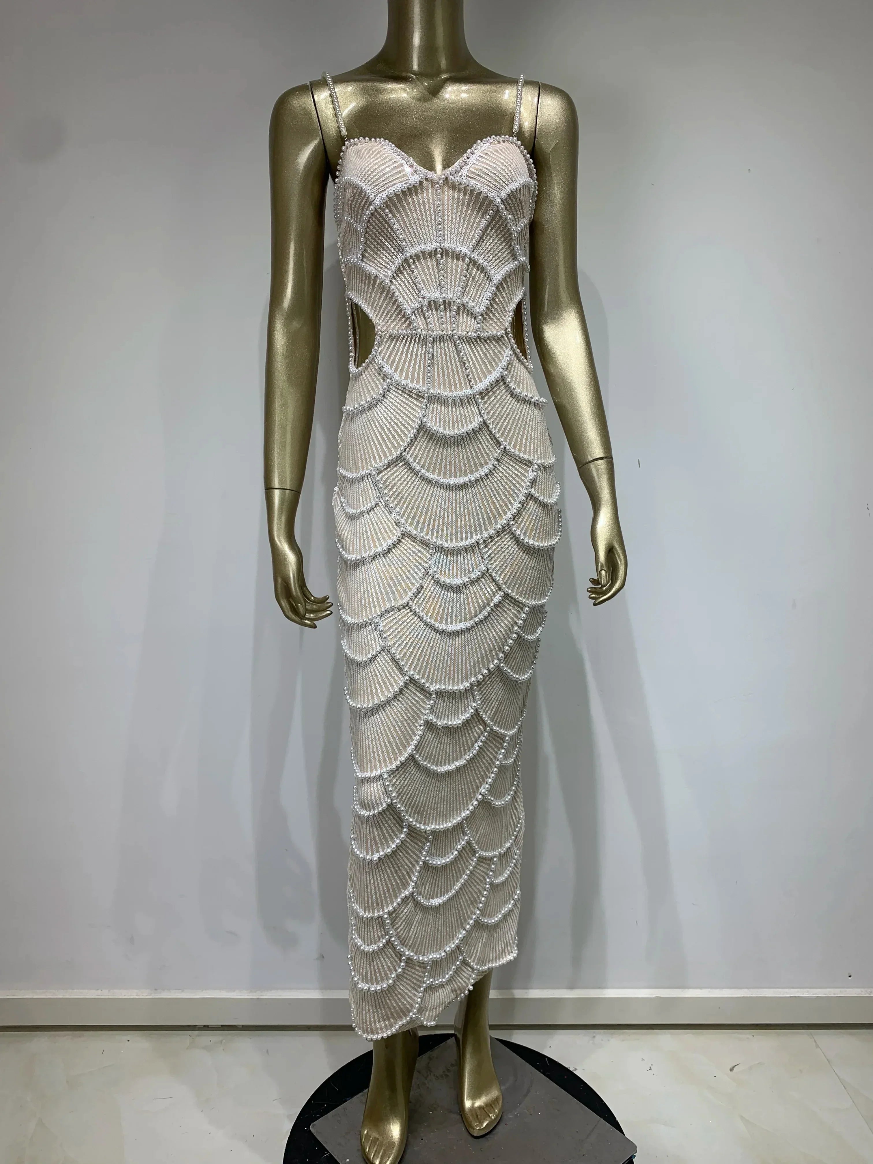 Women V Neck White Pearl Beading Maxi Dress