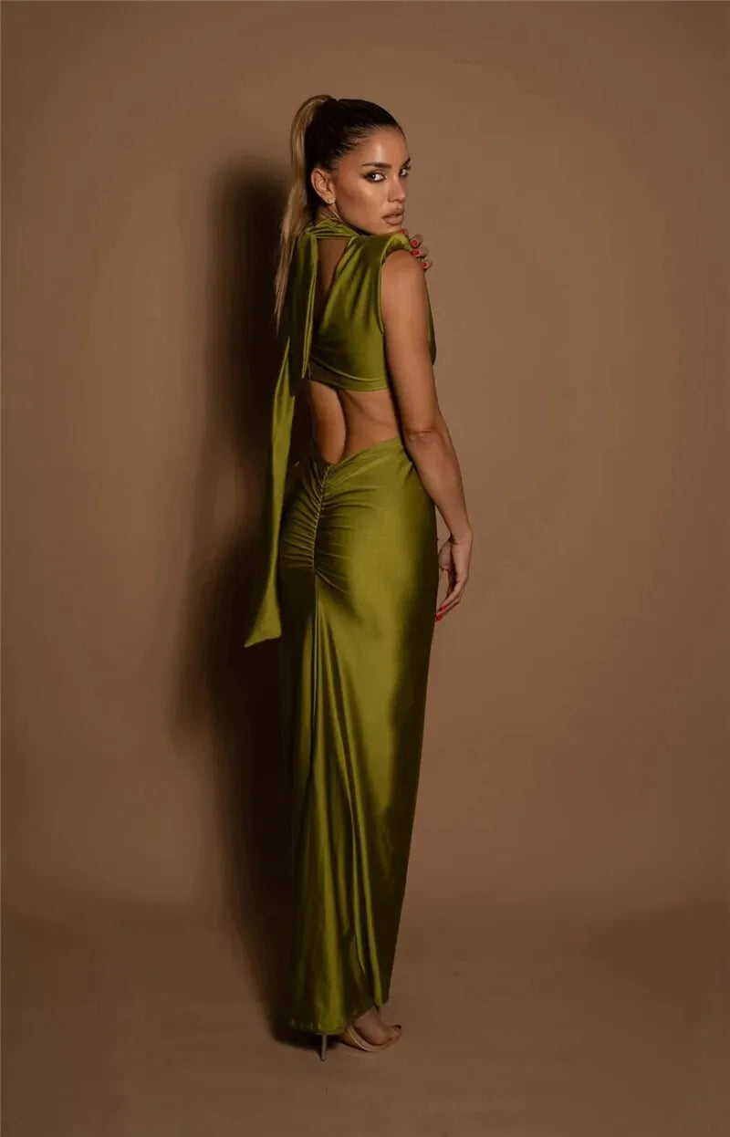 Hollow Out Turtleneck Solid Maxi Dress