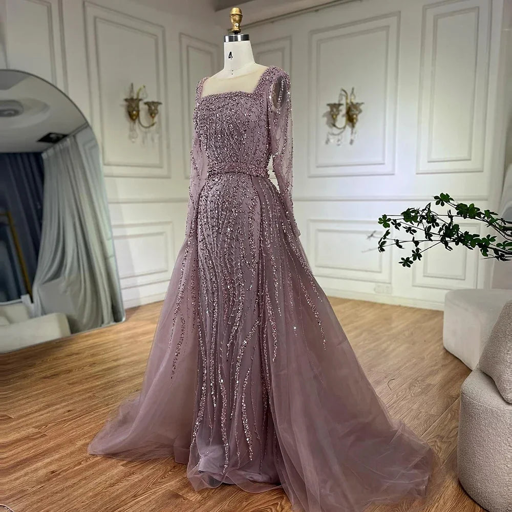Zapdress Customized Wine red Long Sleeves Mermaid Beaded Evening Dresses with Overskirt Party Gowns for Women (ZD17206)