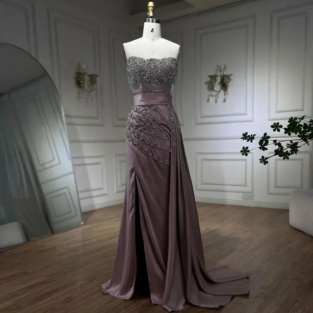Zapdress Customized Nude Strapless Mermaid High Split Evening Dresses with Skirt Beaded Party Gowns For Women 2025 (ZD17205)