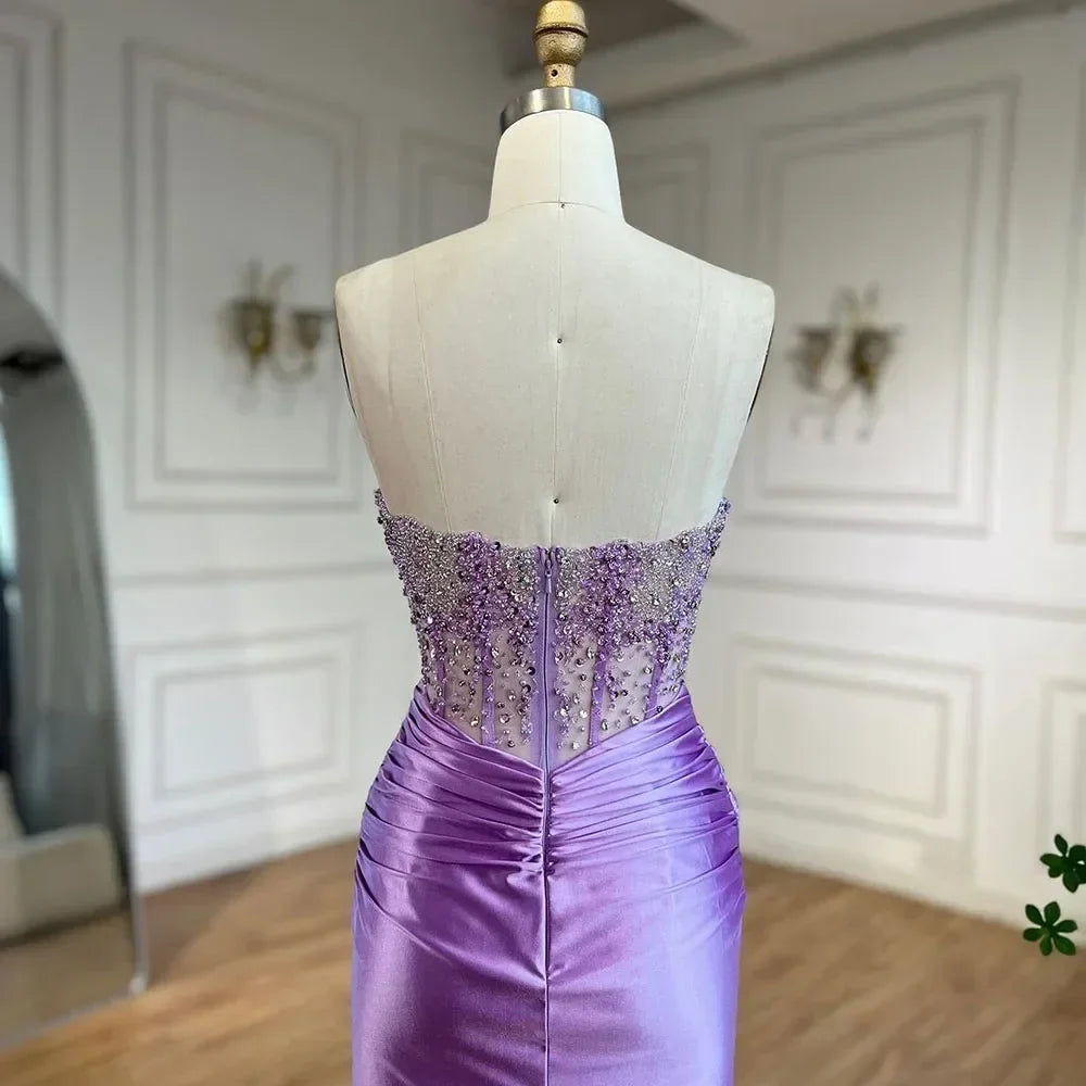 Zapdress Customized Lilac Satin Split Strapless Mermaid Evening Dresses Beaded Party Gowns for Women Bridesmaid (ZD17313)
