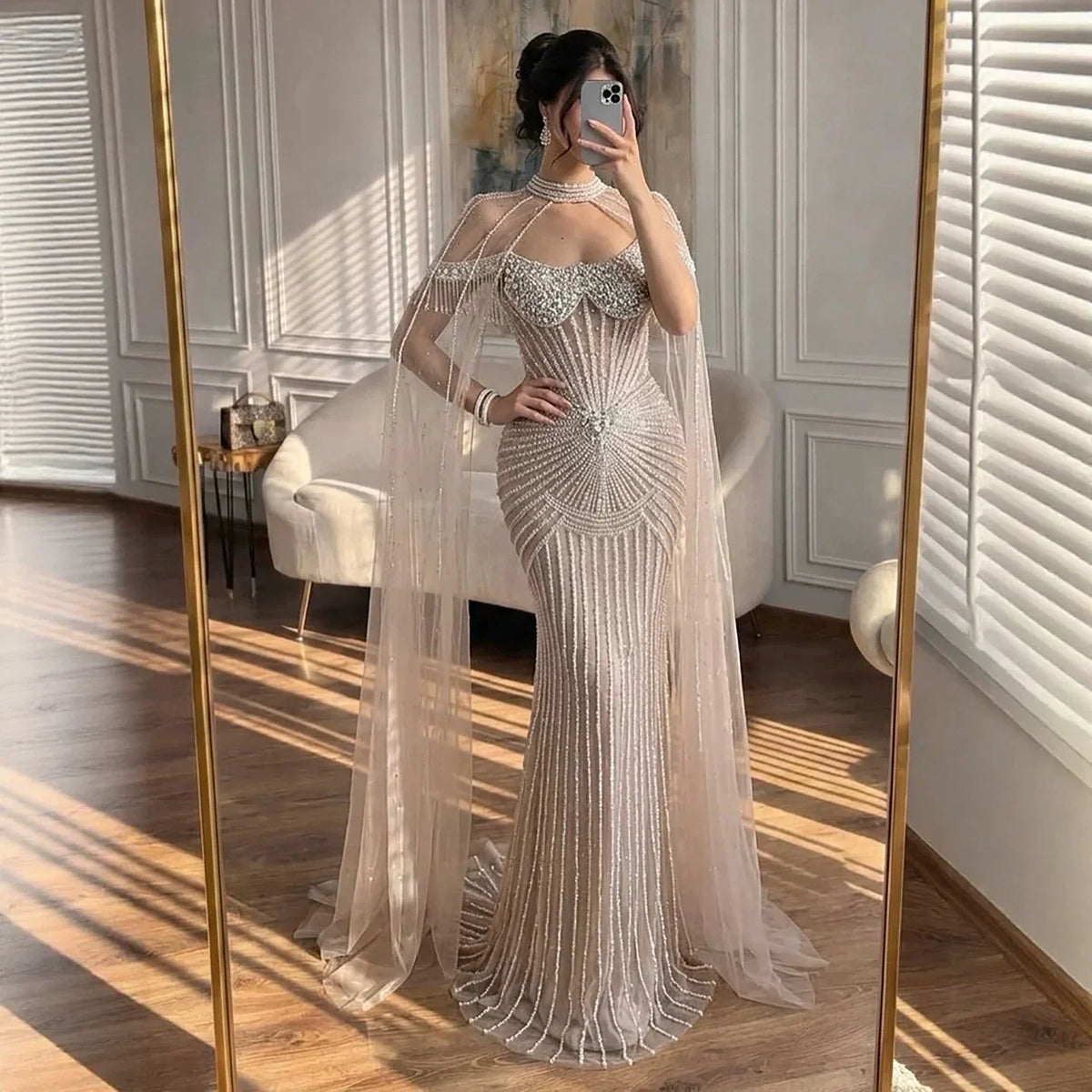 Zapdress 2026 Pearl Beaded Mermaid Caramel Evening Dresses Elegant Formal Party Gown with Sheer Cape Customized DLA73148C (ZD17292)
