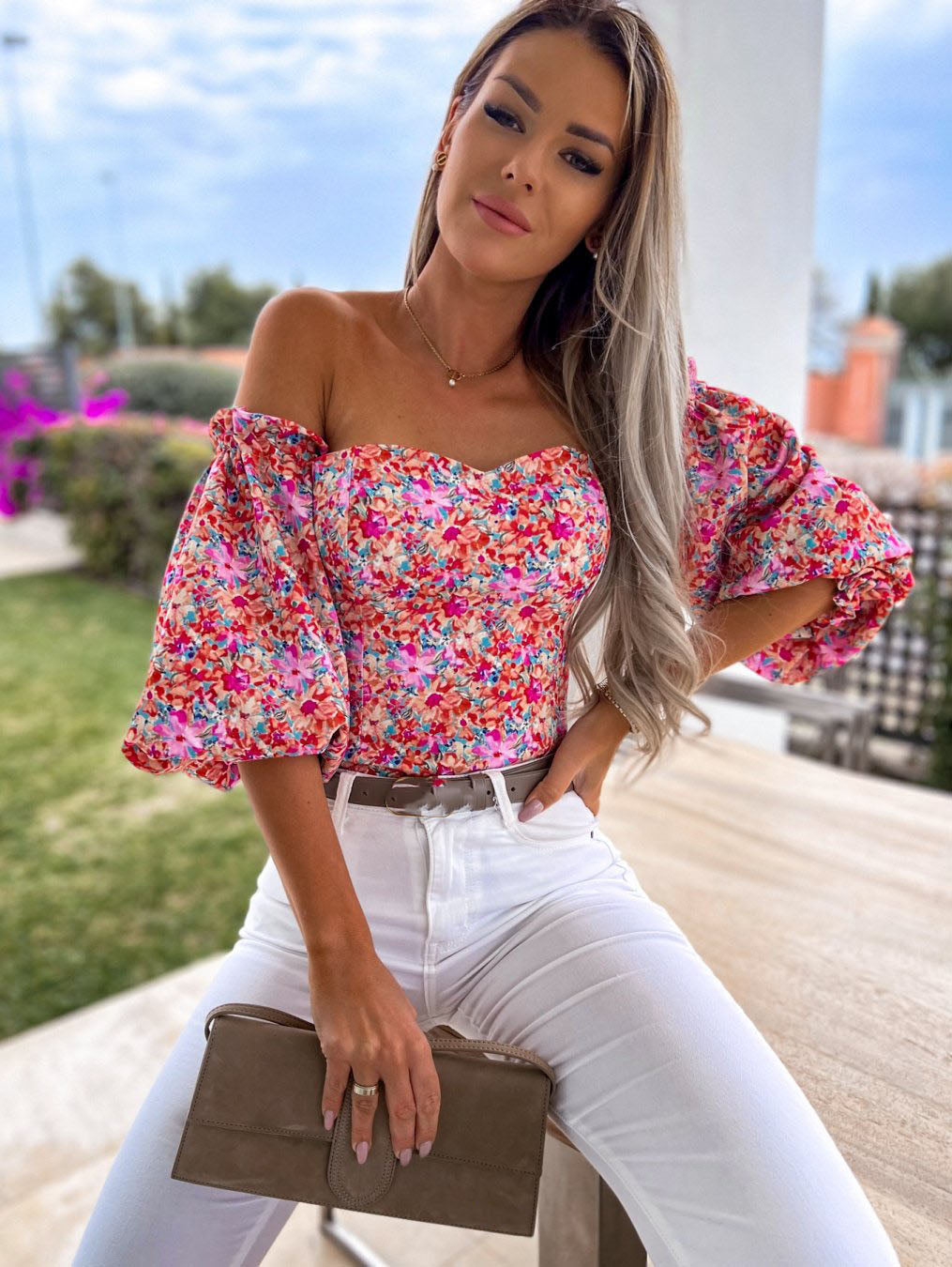 Women Top Summer Off Shoulder Floral Blouses Holiday Slash Neck Tops