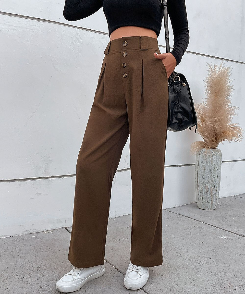 Solid Button Front Casual Women Pants