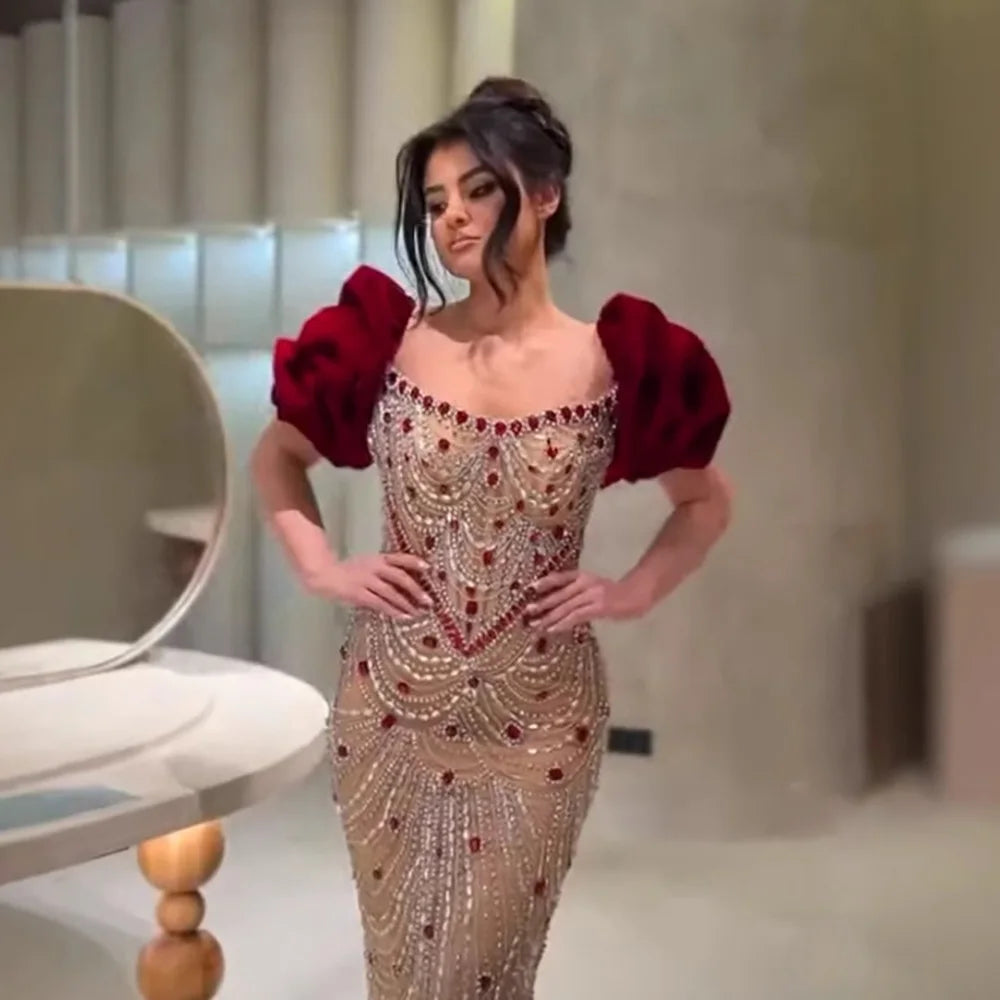 Luxury Beaded Evening Dresses with Elegant Puff Sleeves Pearl Beaded Adorned Design Zapdress DLA72903 Customized (ZD17265)