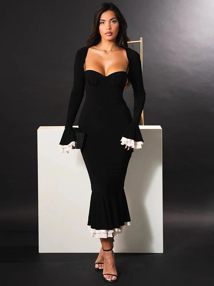 Patchwork Square Collar Evening Fishtail Dress