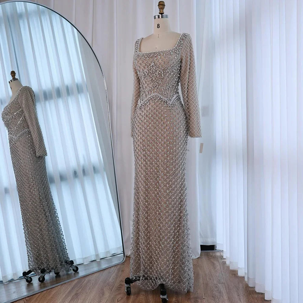 Elegant Beaded Pearl Mermaid Evening Dress with Long Sleeves for Wedding Occasion Zapdress 2025 Customized DLA72919A (ZD17238)