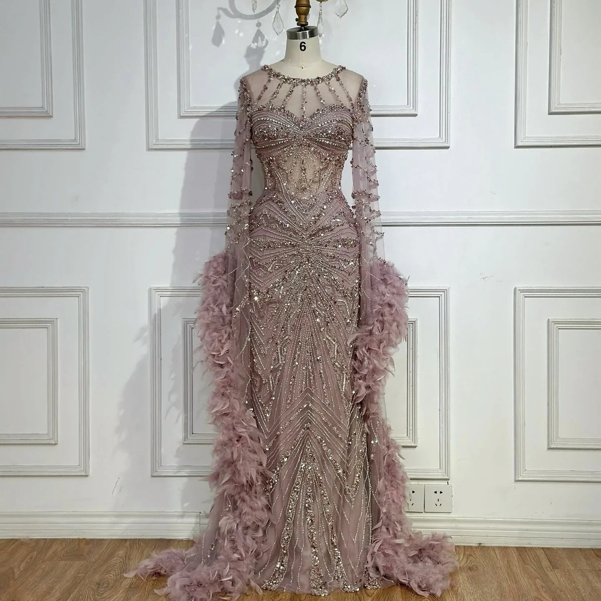 Zapdress Pink Luxury Beaded Mermaid Evening Dress Gowns with Feathers for Formal Occasion Customized DLA72708A (ZD17284)