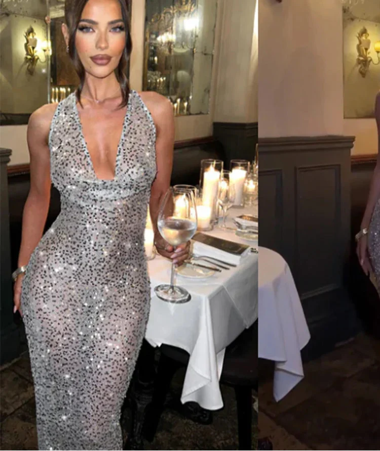 Sequins Crochet Halter Swinging Neck Long Dress