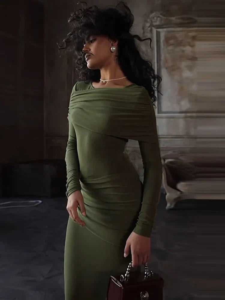 Solid Long Sleeve Irregular Splice Long Dress
