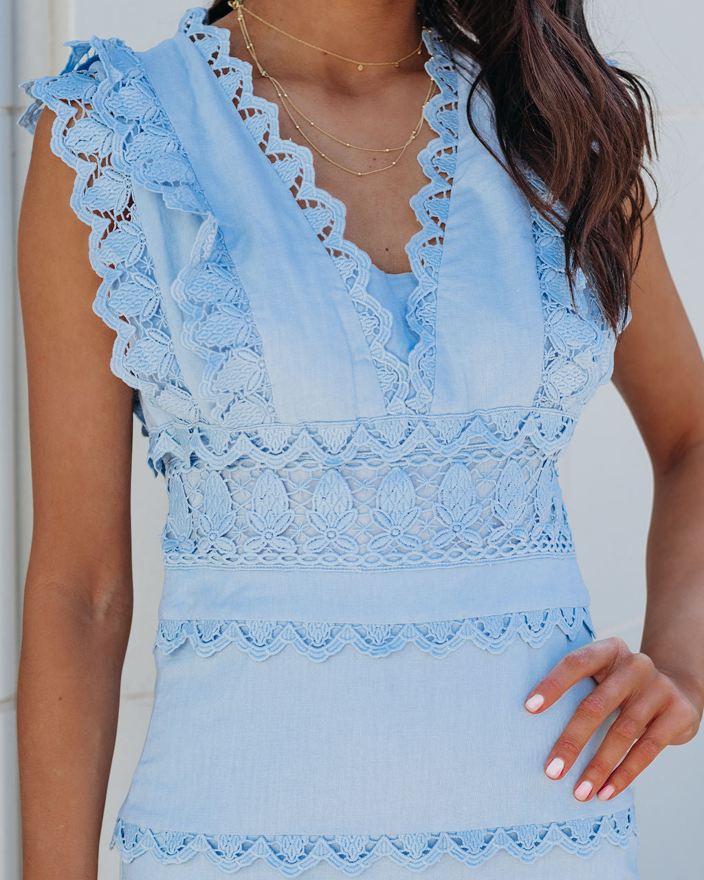 Sacha Cotton Linen Crochet Tiered Midi Dress