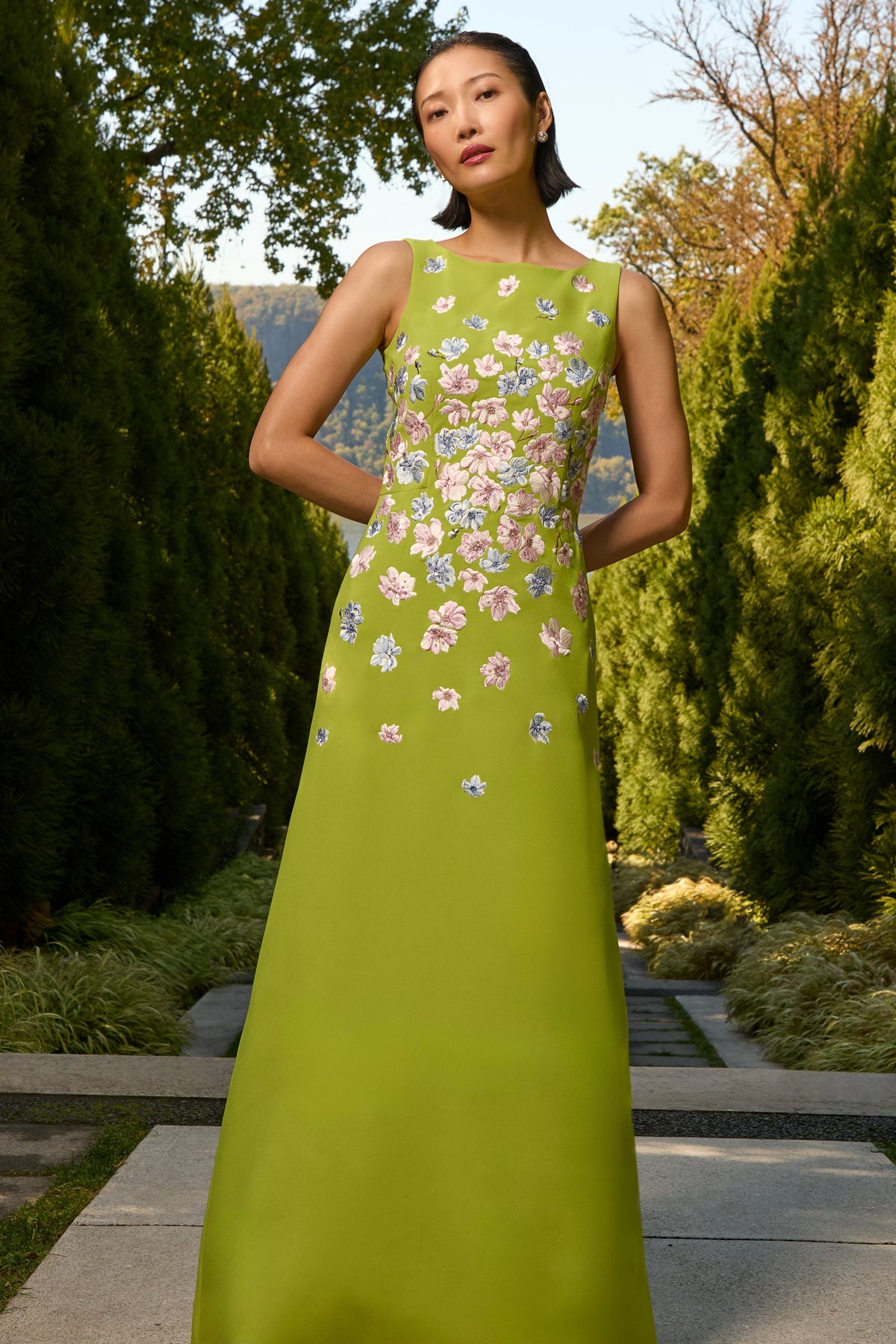 Lime Green Boat Neck Satin Evening Gown with 3D Floral Appliqué